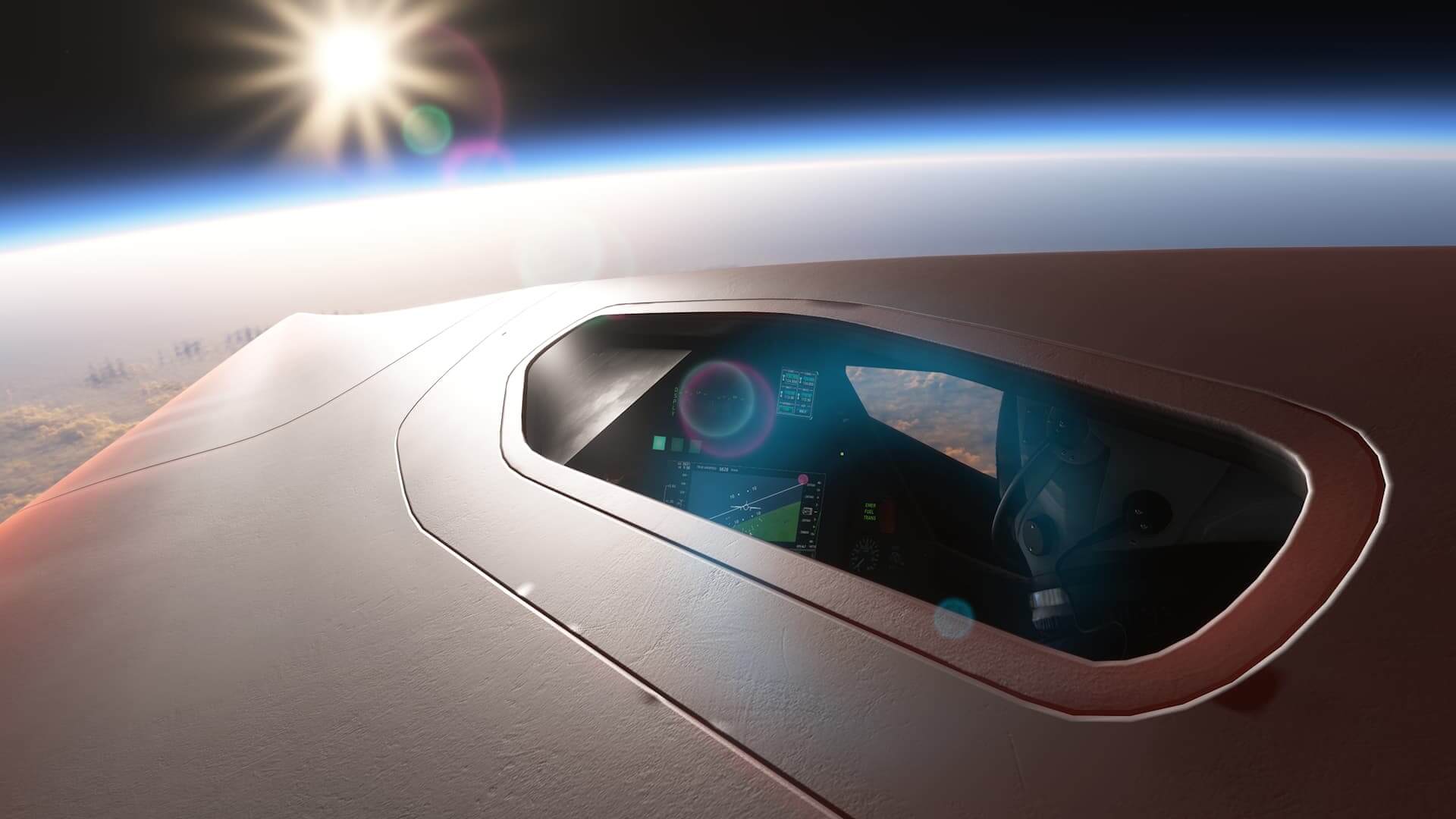 A view of the cockpit of the Darkstar cruising high above the globe, with the sun glaring off of the fuselage