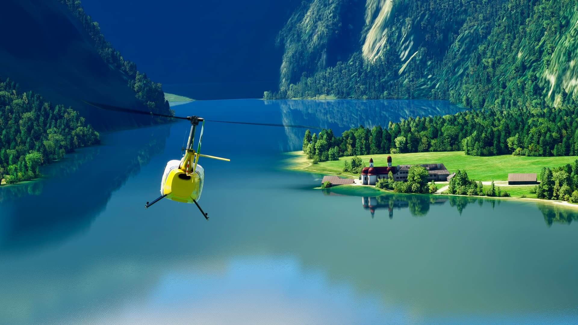 A yellow helicopter flies towards a house located on the edge of a river in amongst a valley