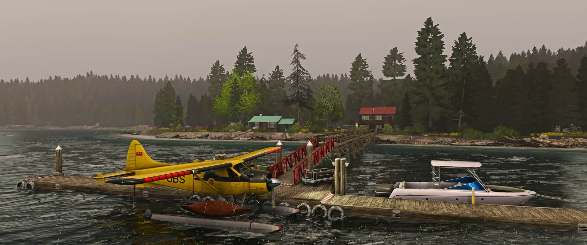 A yellow float plane aircraft moored on the water near a house situated in a forest