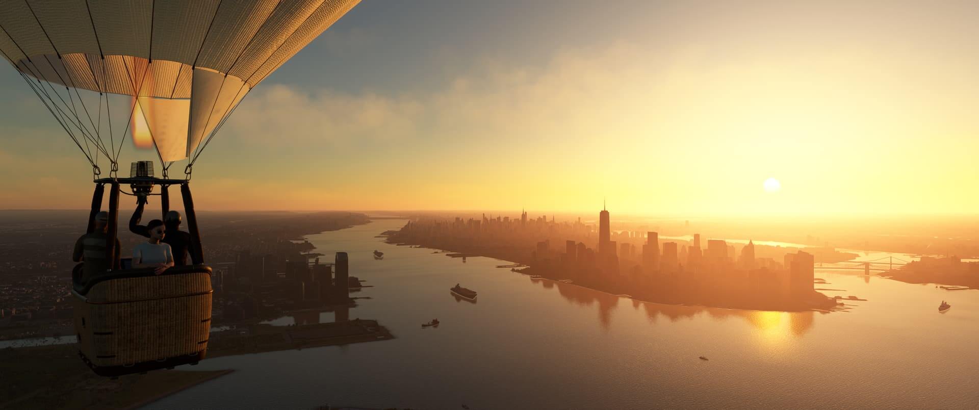 A hot air balloon approaches the skyline of New York