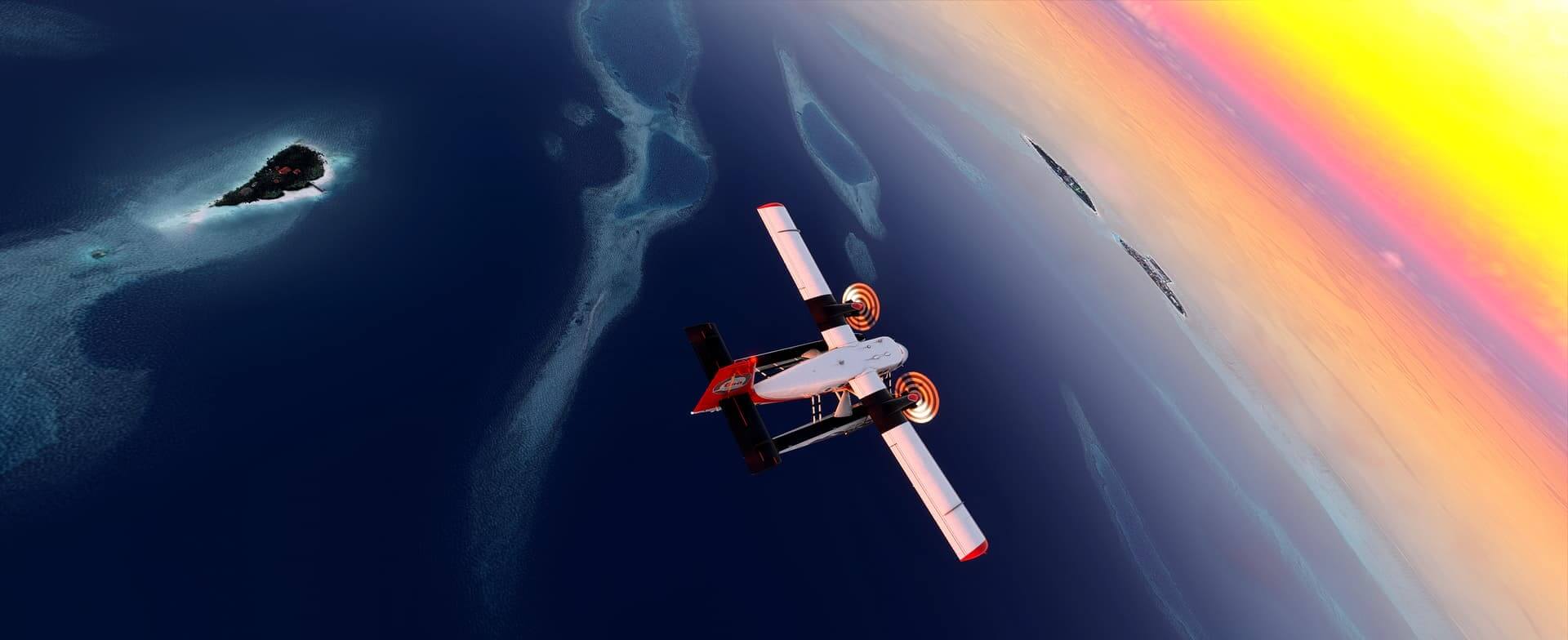 A dual propeller aircraft cruising over open water with the sunrise in the distance ahead