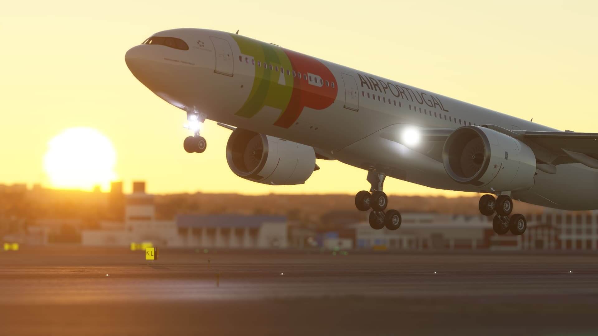 A TAP Air Portugal Airbus A330 NEO rotates on departure with the sun peaking over the horizon behind