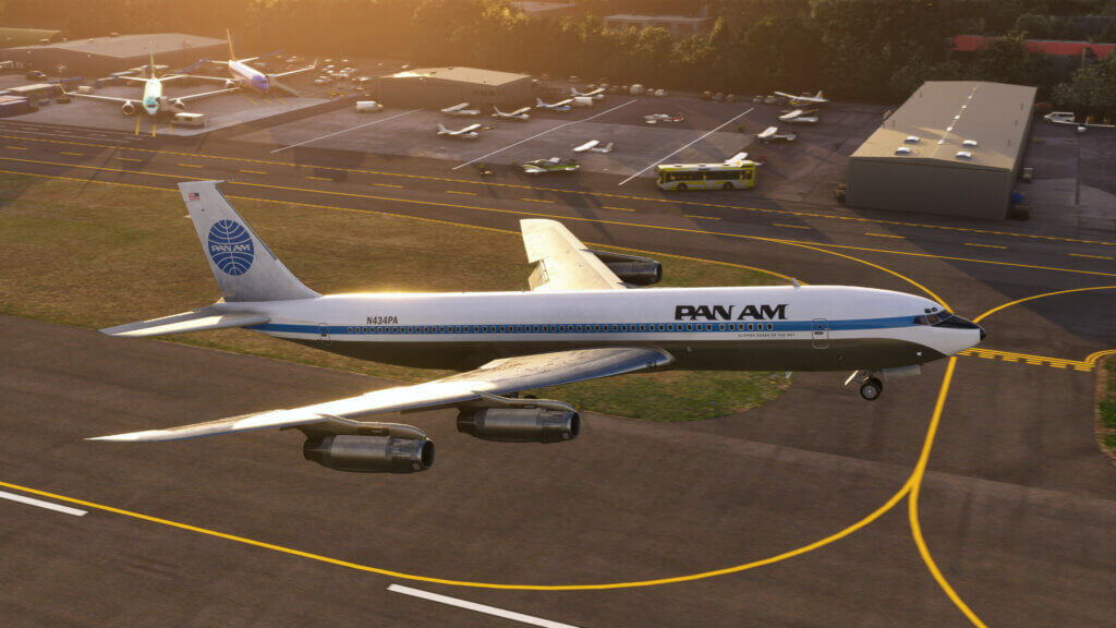 A Boeing 707 taking off from an airport.