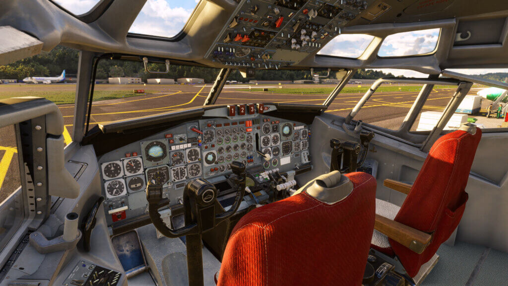 The cockpit view of a Boeing 707