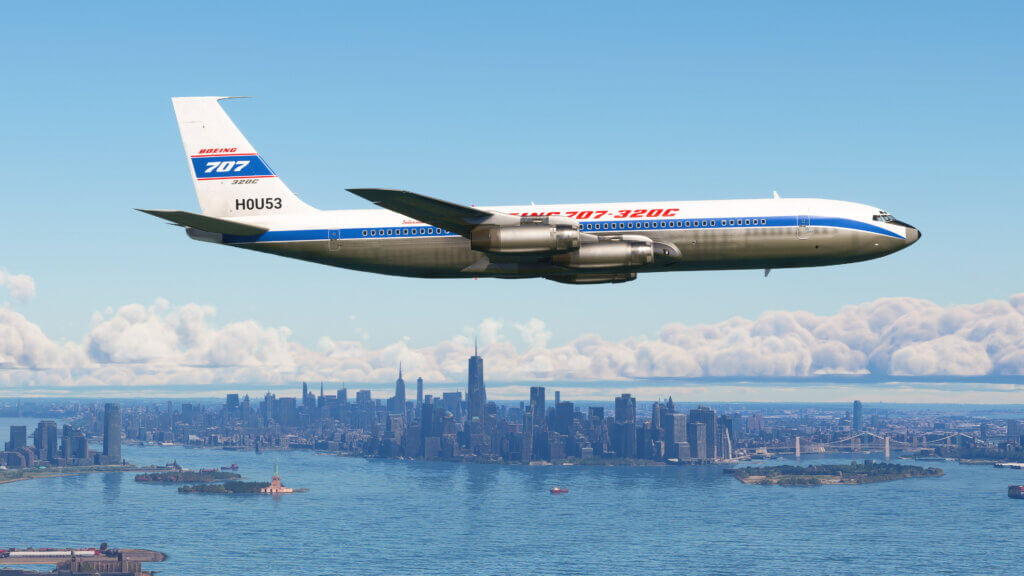 The Boeing 707 flying across New York City