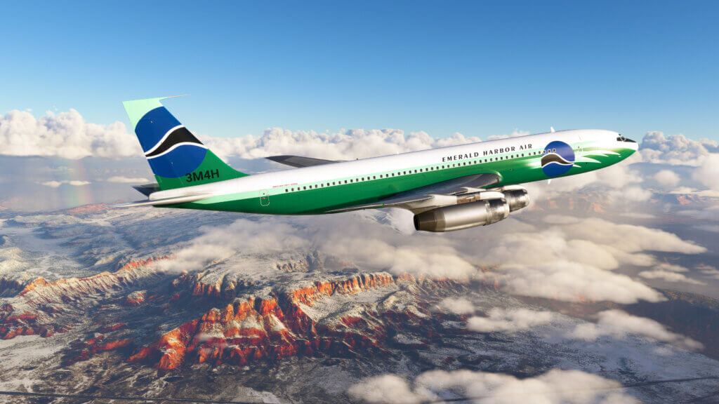 The Boeing 707 flying above a rocky landscape.