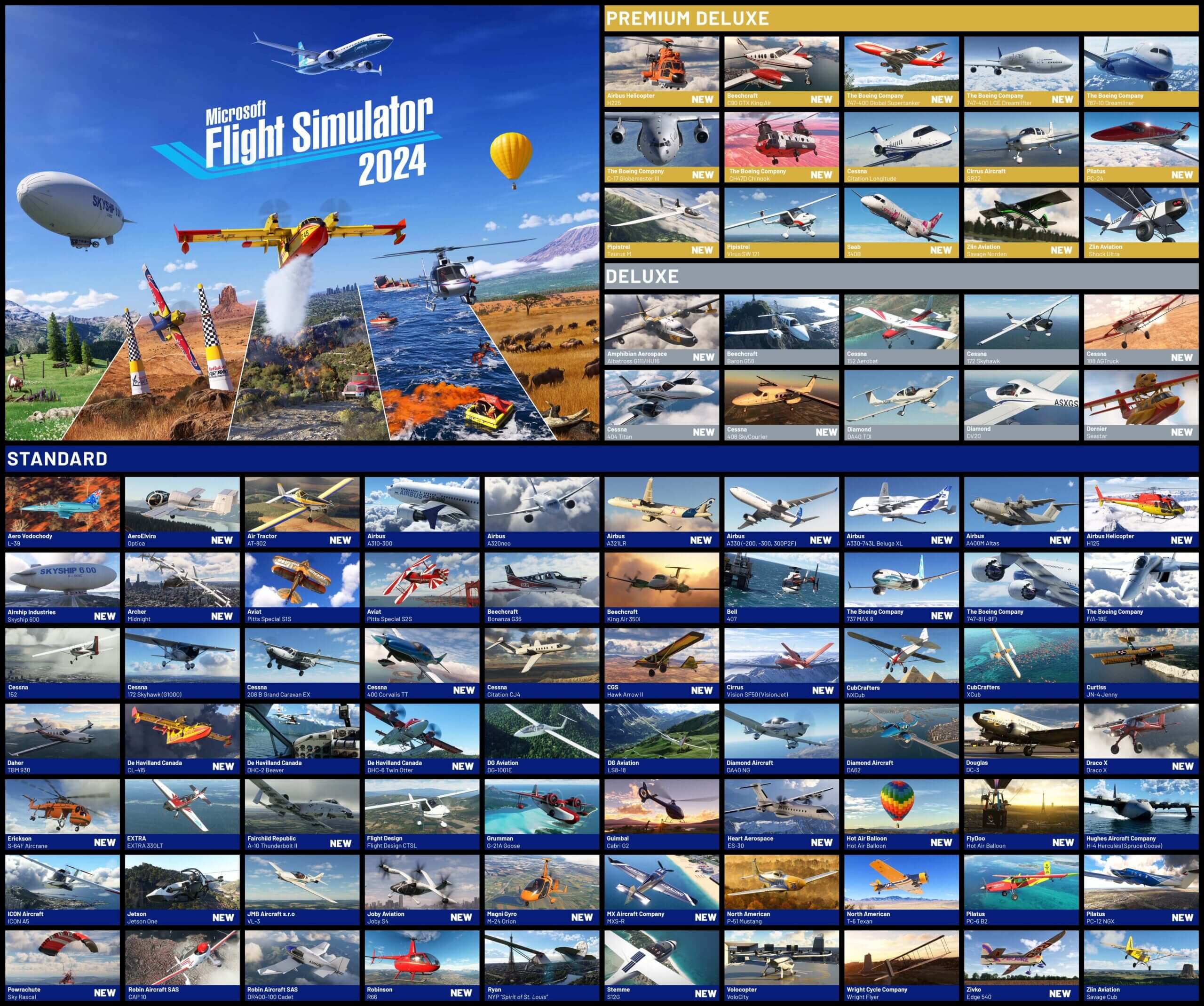 The complete Microsoft Flight Simulator aircraft list featuring up to 95 different aircraft (for the Premium Deluxe edition)