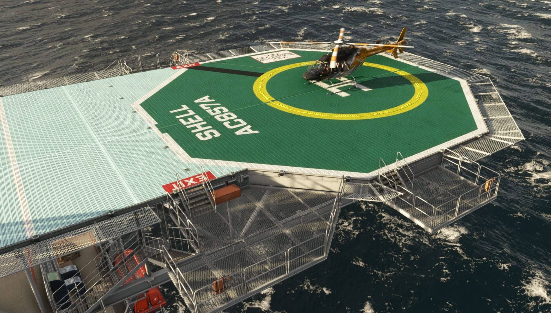 A helicopter lands on a floating platform