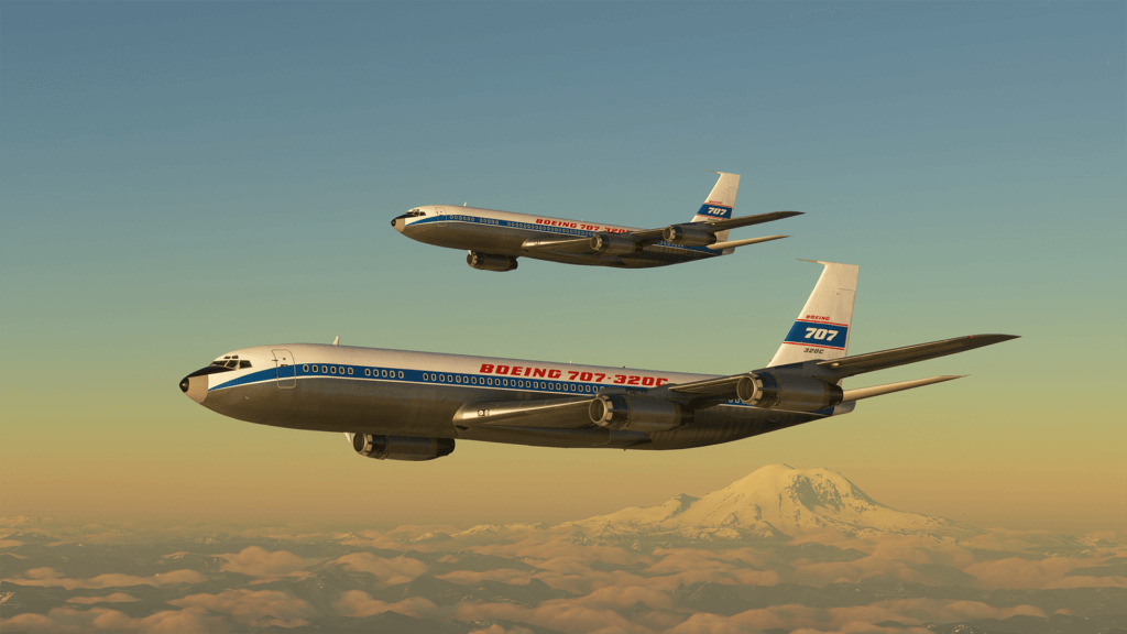 Two Beoing 707s fly above the clouds, with a large snowy mountain off in the distance