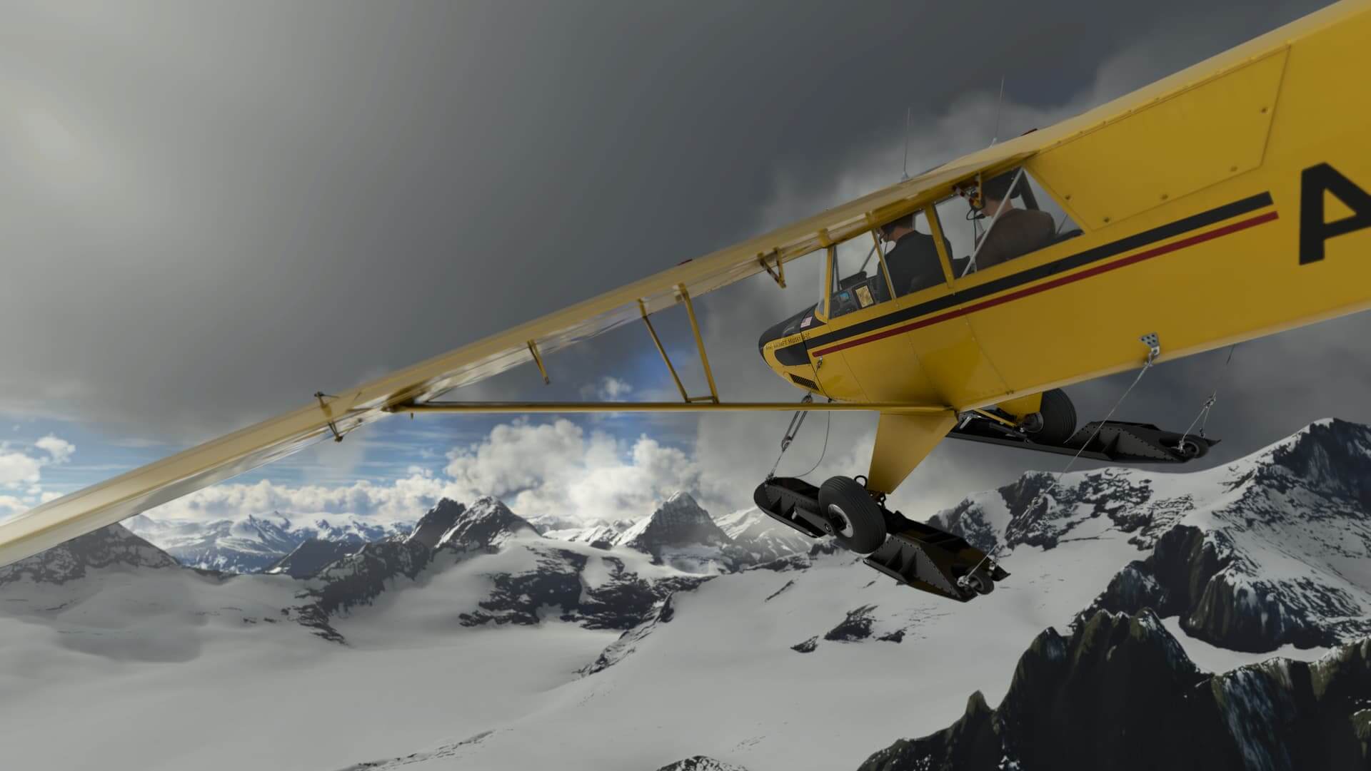 A high wing yellow painted general aviation aircraft banks left to avoid snow covered mountains below