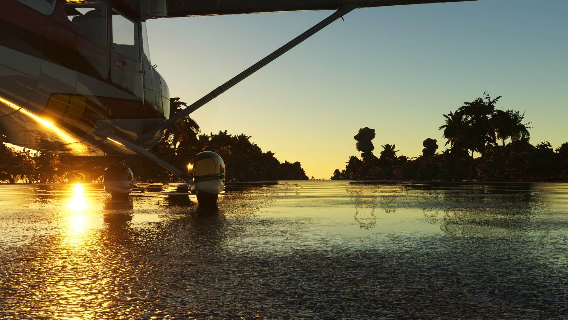 A Cessna 172 lines up for departure on a wet runway with the sun reflecting off of the tarmac