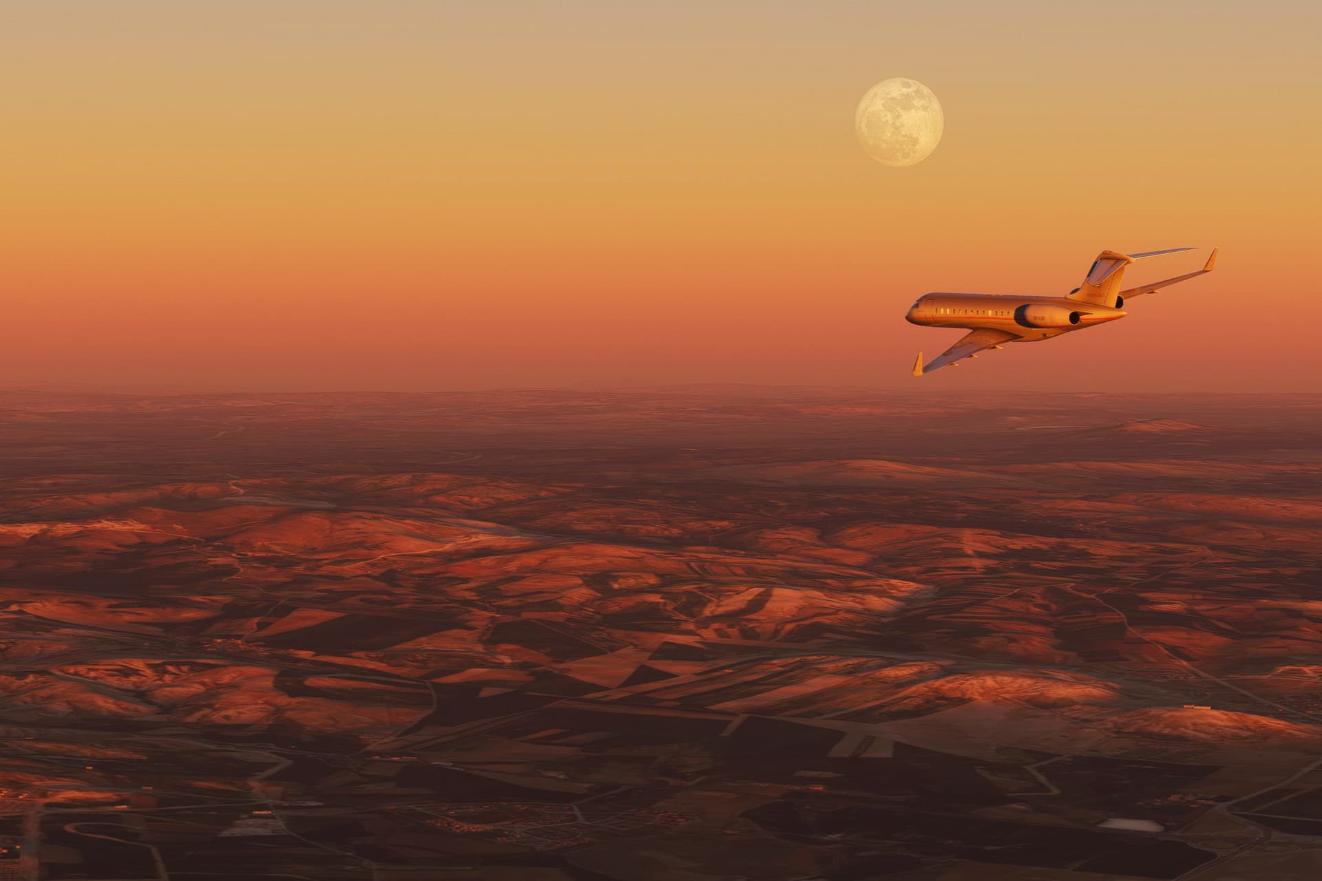 A private jet banks to the left with the moon in view ahead during golden hour