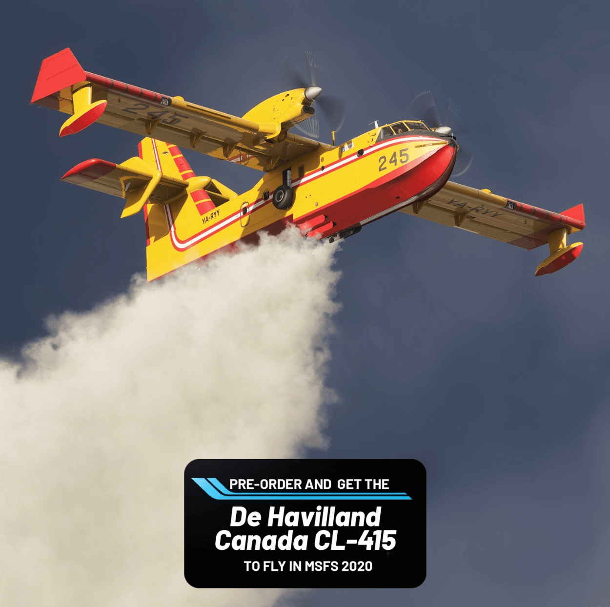 A CL-415 in flight dropping water on a forest fire