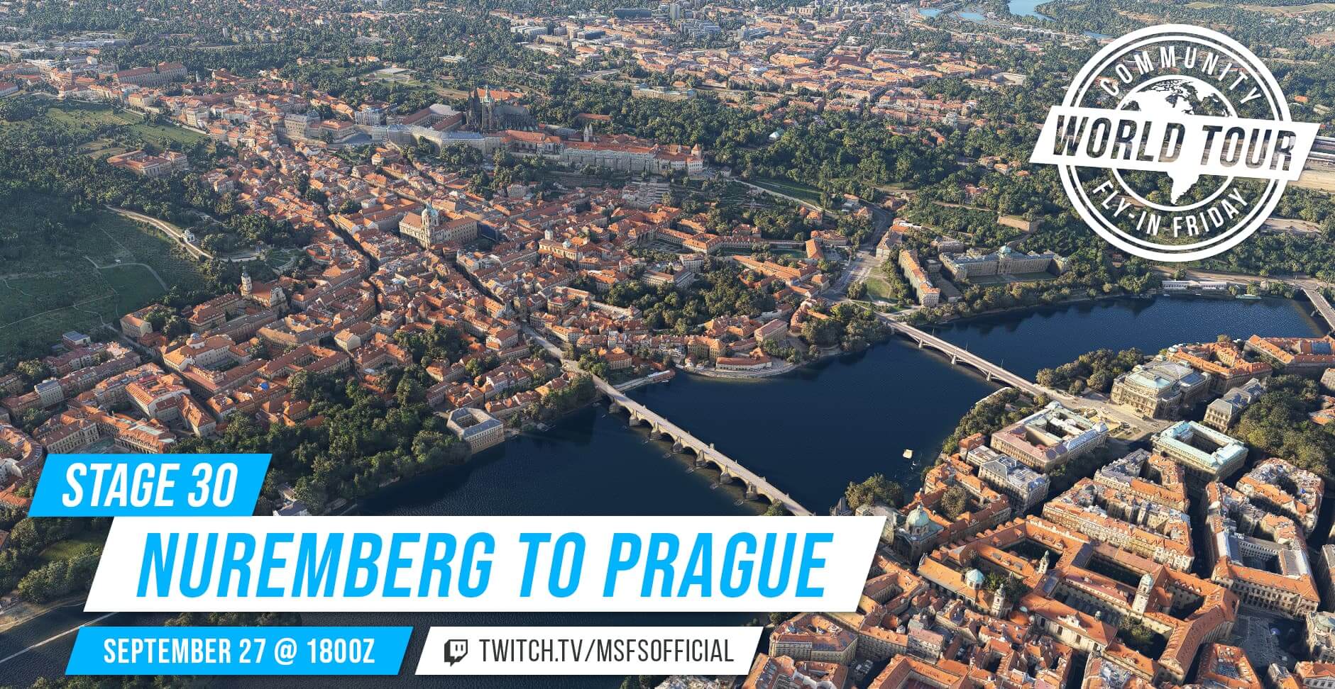 Community fly-in Friday: Nuremberg to Prague. Join us on September 27th at 1800Z on our twitch channel: twitch.tv/msfsofficial