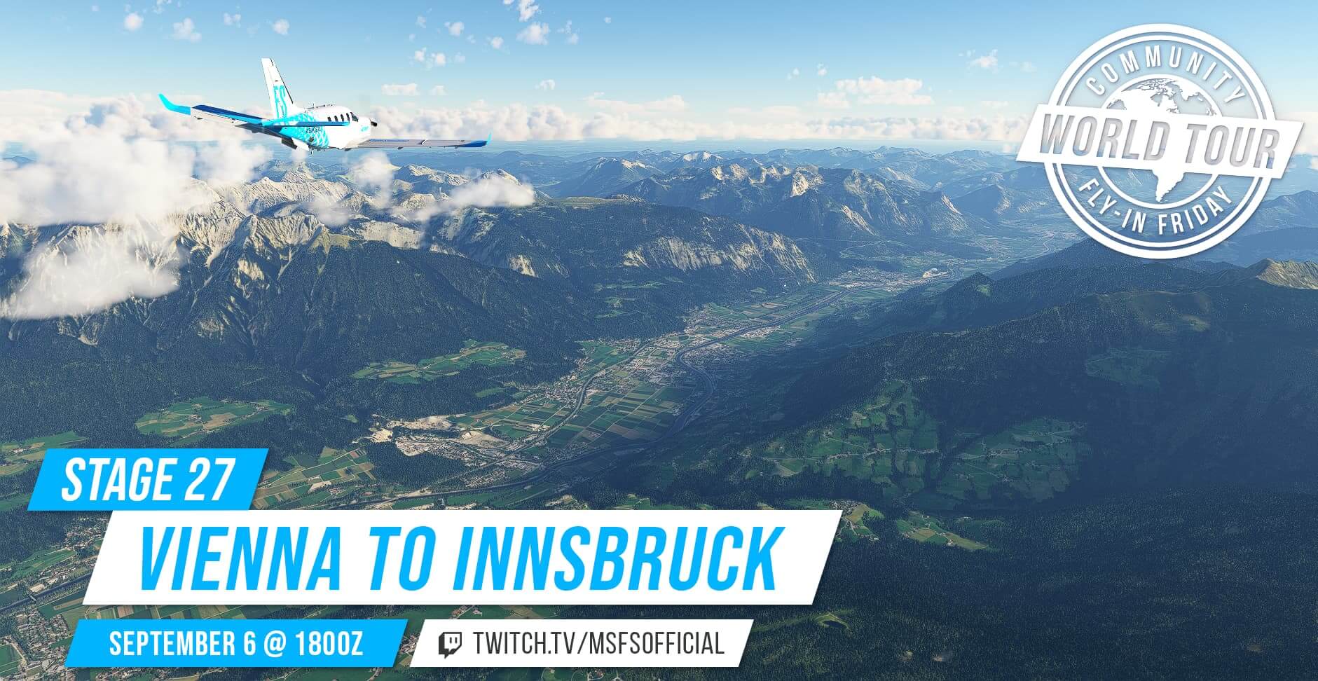 Community fly-in Friday: Vienna to Innsbruck. Join us on September 6th at 1800Z on our twitch channel: twitch.tv/msfsofficial