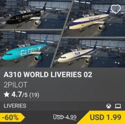 A310 WORLD LIVERIES 02 by 2PILOT. USD 4.99 (on sale for 1.99)