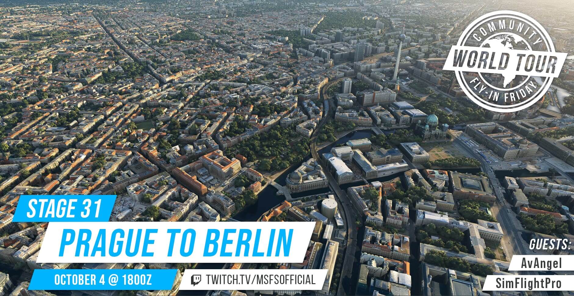 Community fly-in Friday: Prague to Berlin. Join us on October 3rd at 1800Z on our twitch channel: twitch.tv/msfsofficial