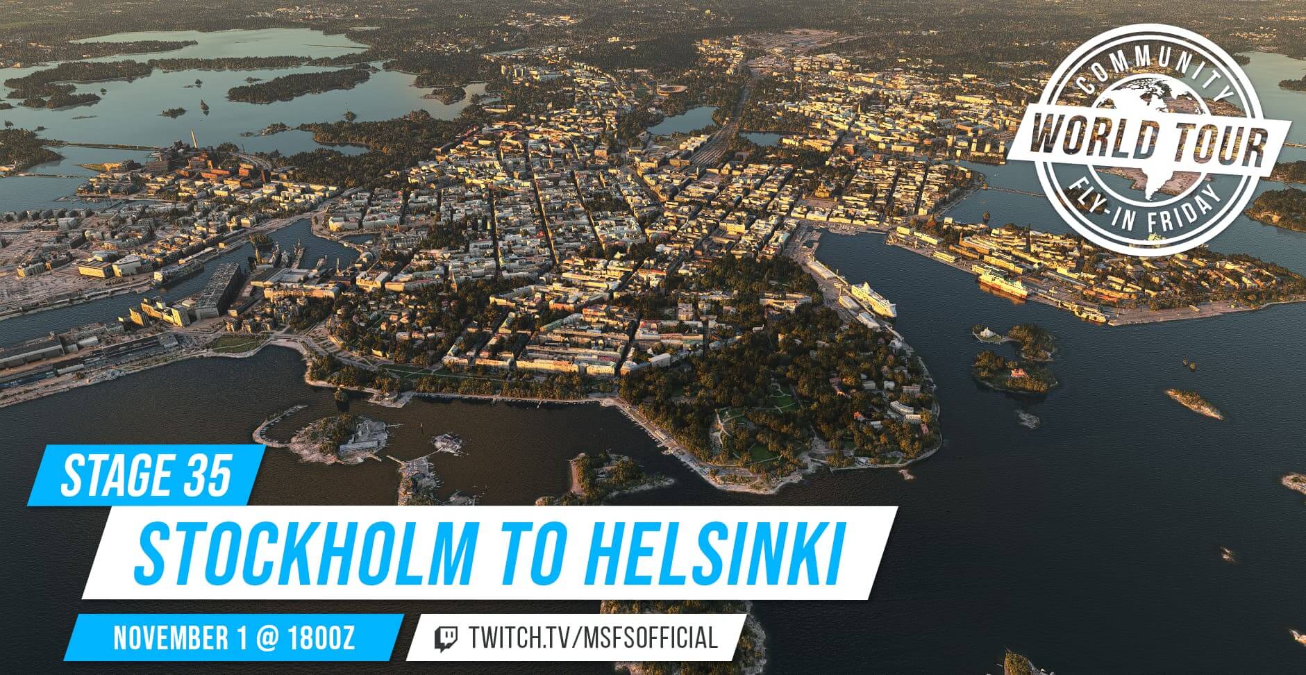 Community fly-in Friday: Stockholm to Helsinki. Join us on November 1st at 1800Z on our twitch channel: twitch.tv/msfsofficial