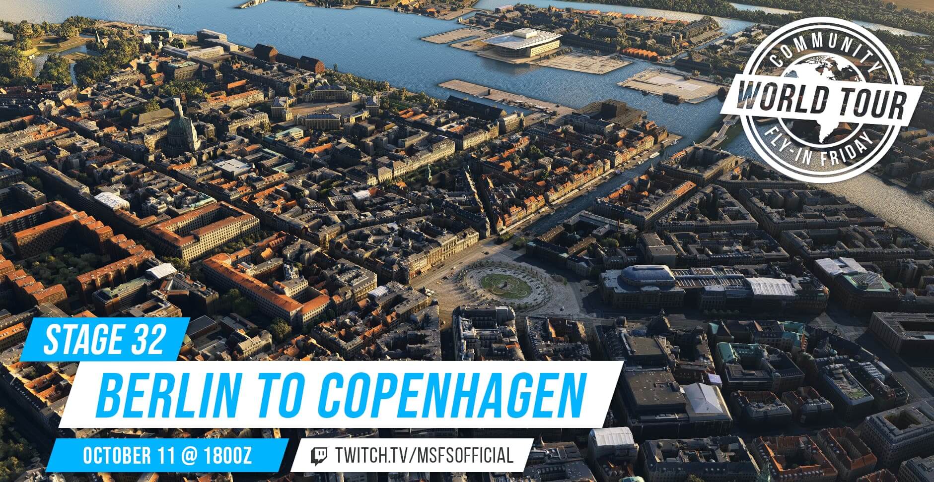 Community fly-in Friday: Berlin to Copenhagen. Join us on October 11th at 1800Z on our twitch channel: twitch.tv/msfsofficial