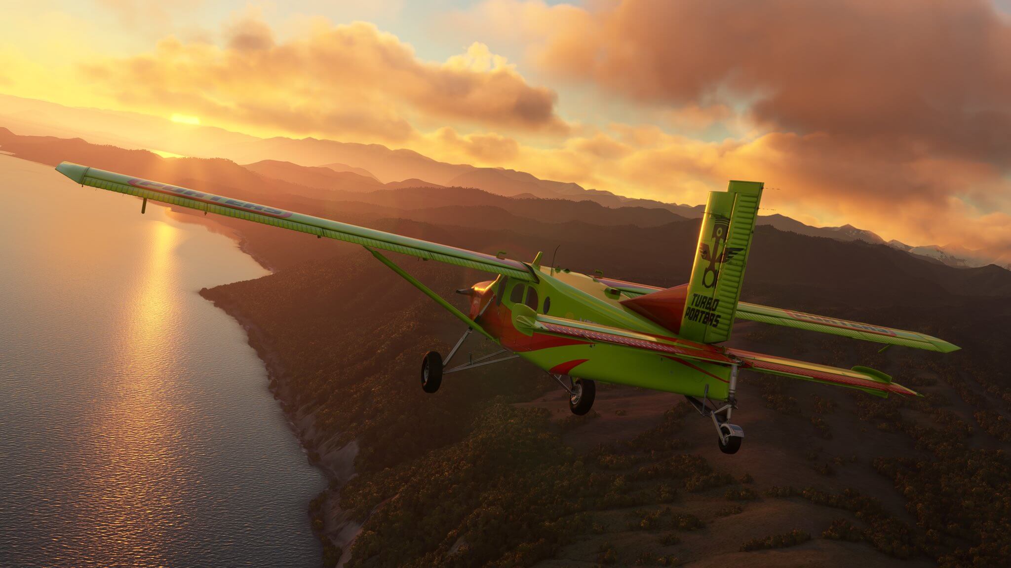 A yellow Pilatus PC-6 Porter flies along a coastline with the sun setting ahead