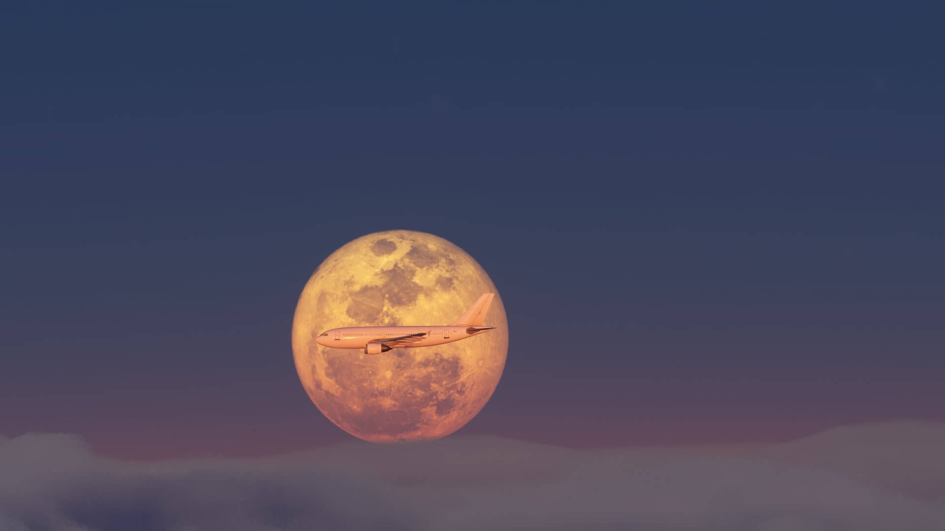 An Airbus A310 flies directly in frame of the moon