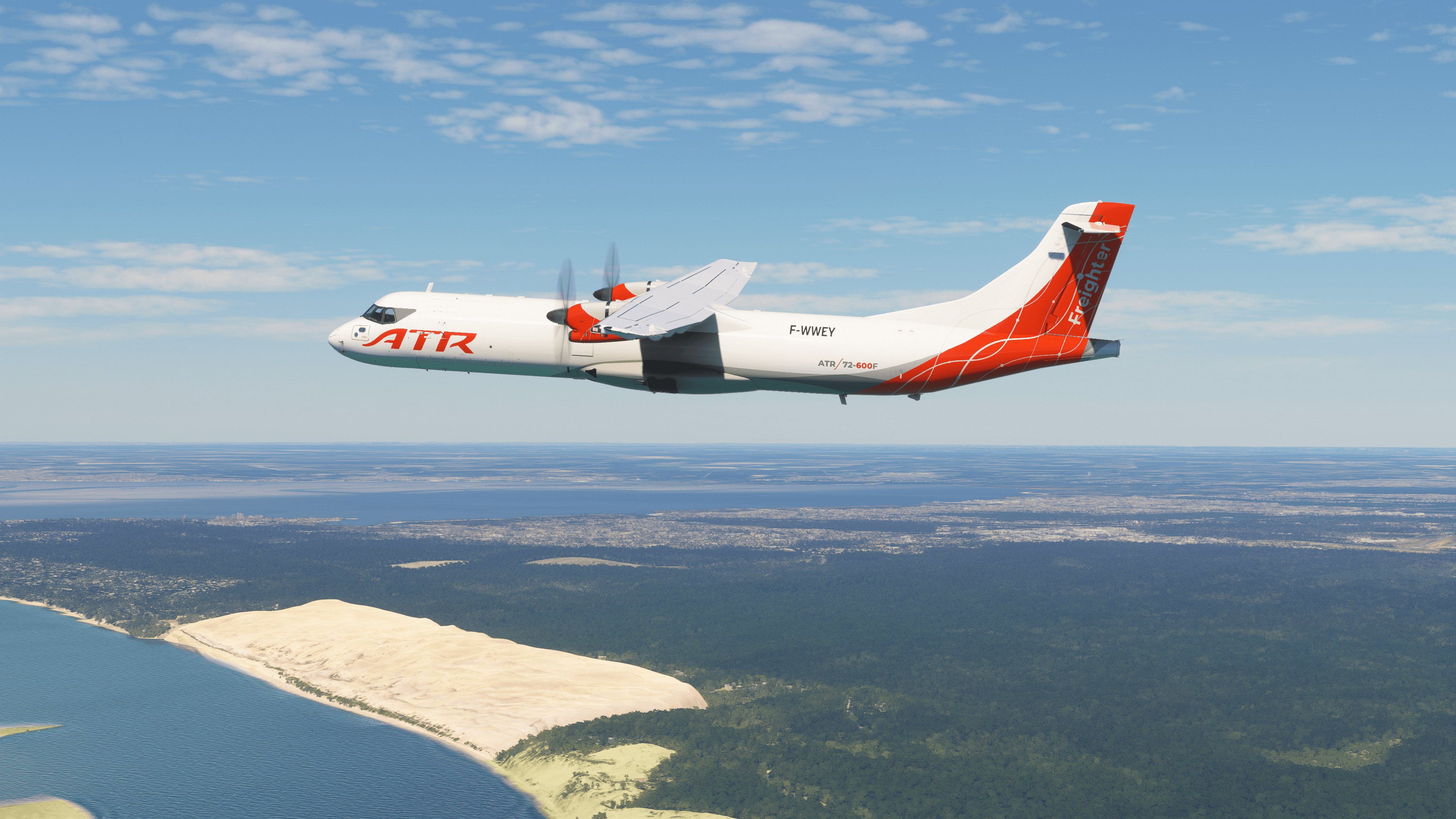 A side view of an ATR 72-600F in flight.