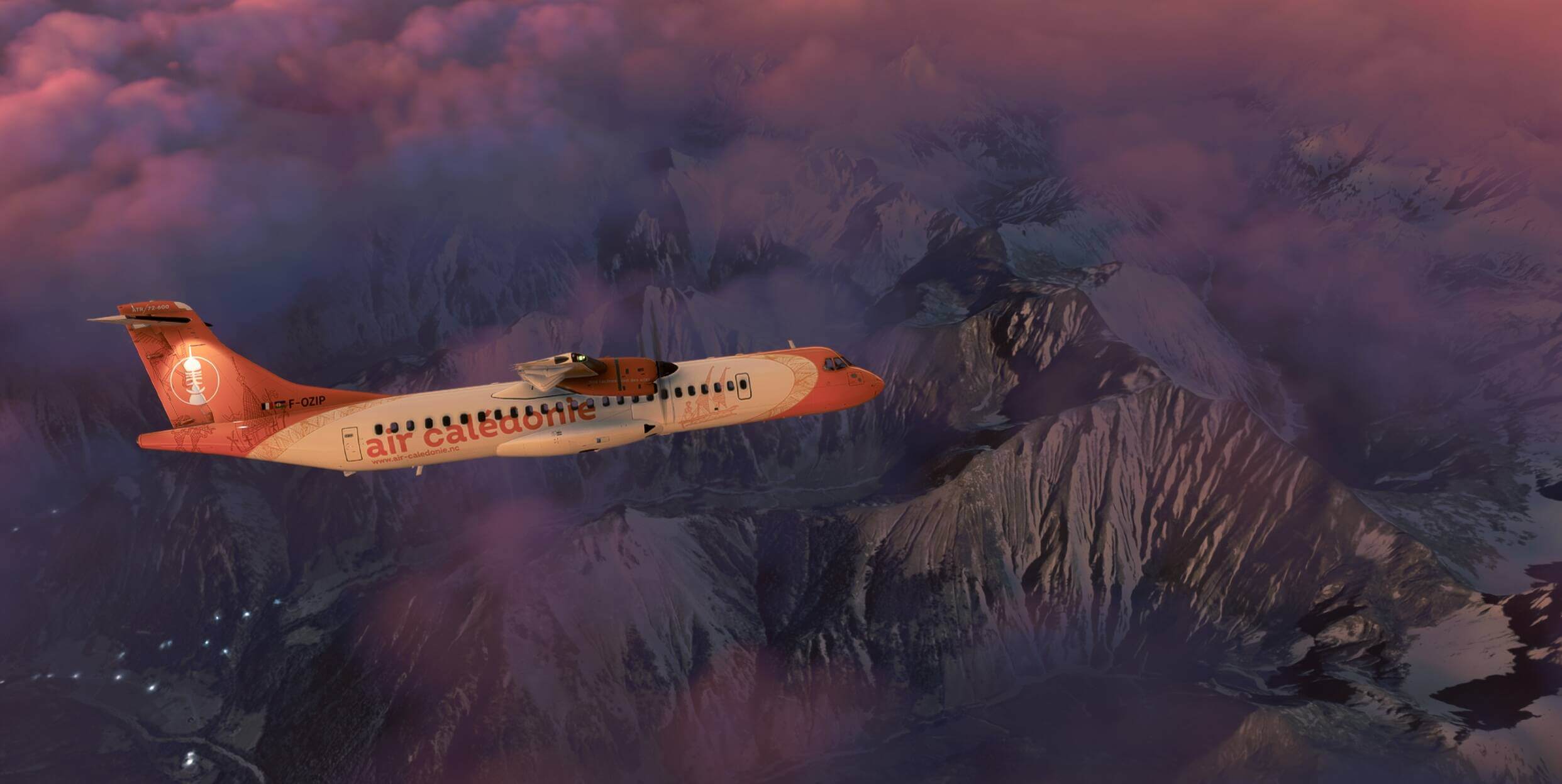 An ATR in orange and white paint banks left over tall mountains