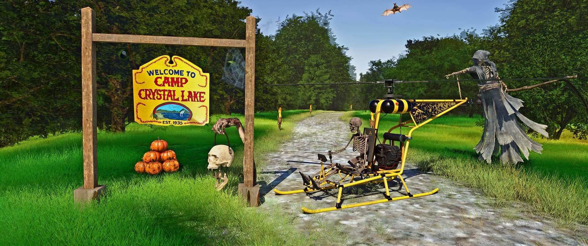 A skeleton sits on a helicopter next to a sign for the haunted Camp Crystal Lake