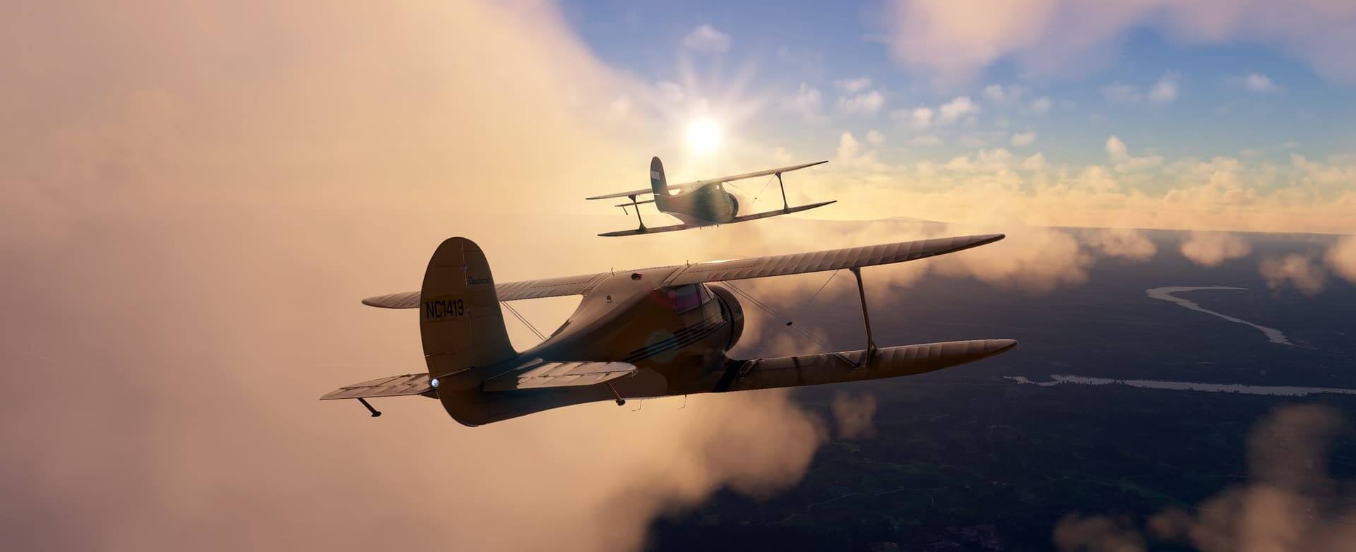 Two dual wing propeller aircraft fly in formation towards the sun