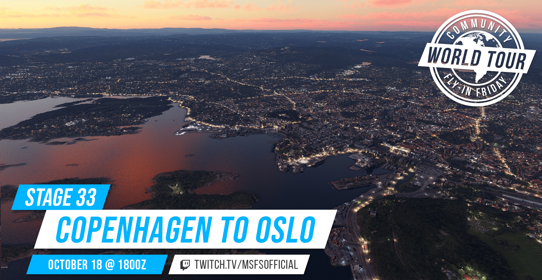 Community fly-in Friday: Copenhagen to Oslo. Join us on October 18th at 1800Z on our twitch channel: twitch.tv/msfsofficial