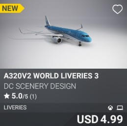 A320v2 World Liveries 3 by DC Scenery Design. USD 4.99