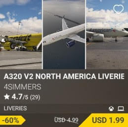 A320 v2 North America Liveries by 4Simmers. USD 4.99 (on sale for 1.99)