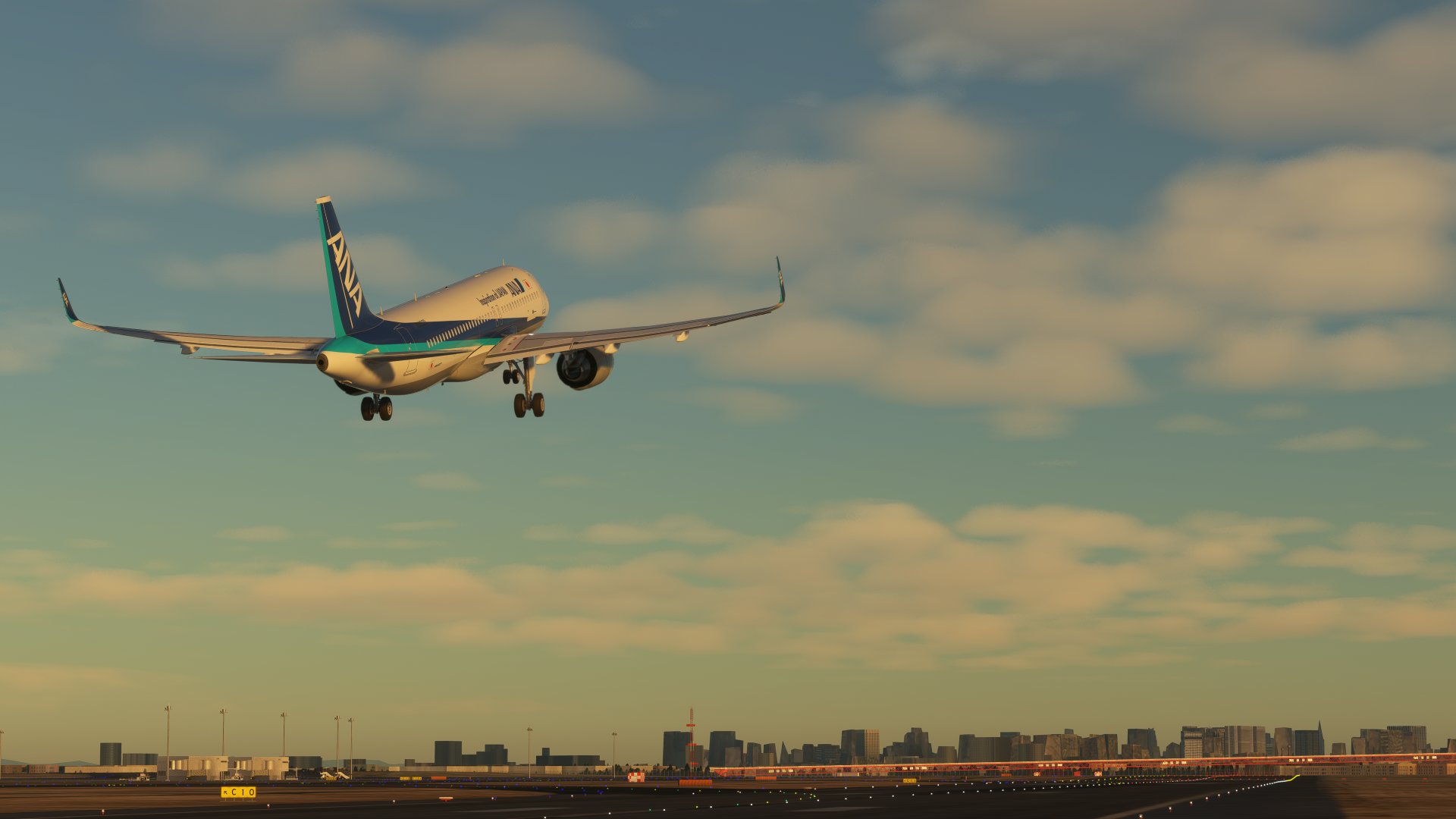 An All Nippon A320 takes off from a runway with landing gear extended