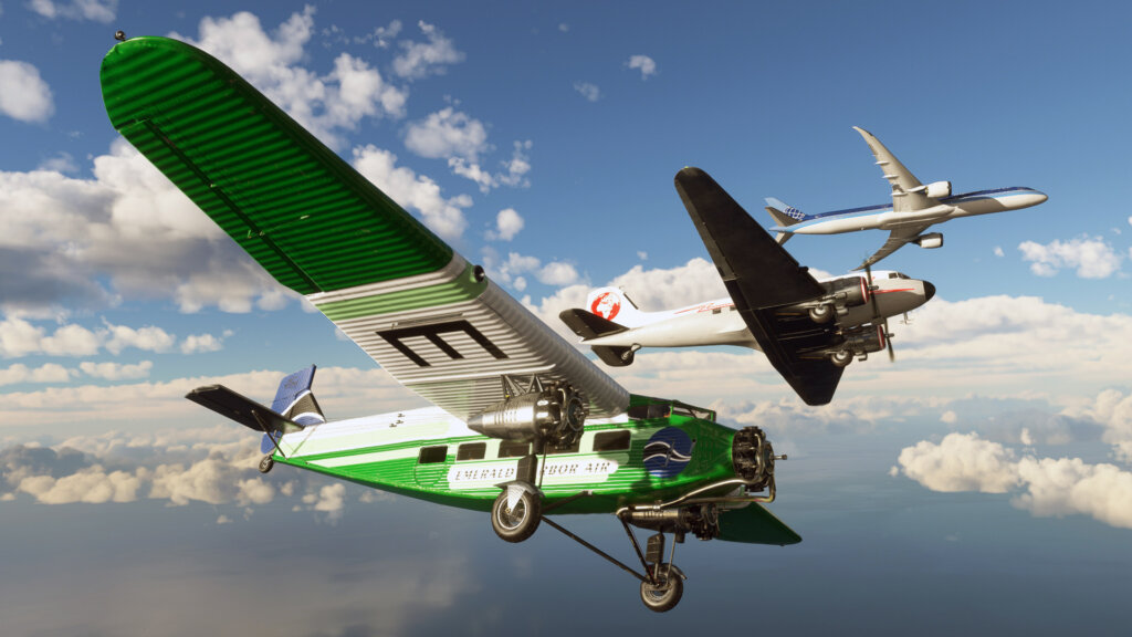 A Boeing 787, Douglas DC-3 and Ford Trimotor fly in close formation