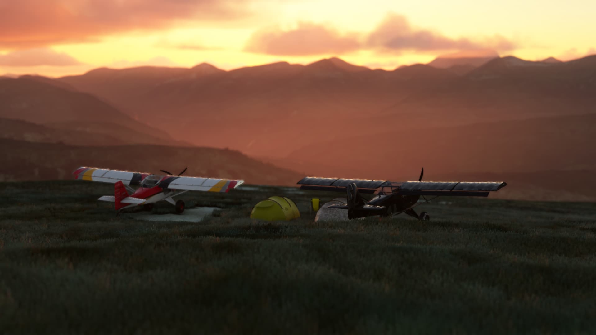 Two high wing bush aircraft parked on a mountainside with camping tents next to each plane