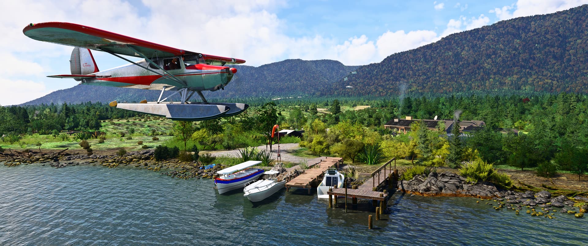 A Cessna 172 on floats flying over a river