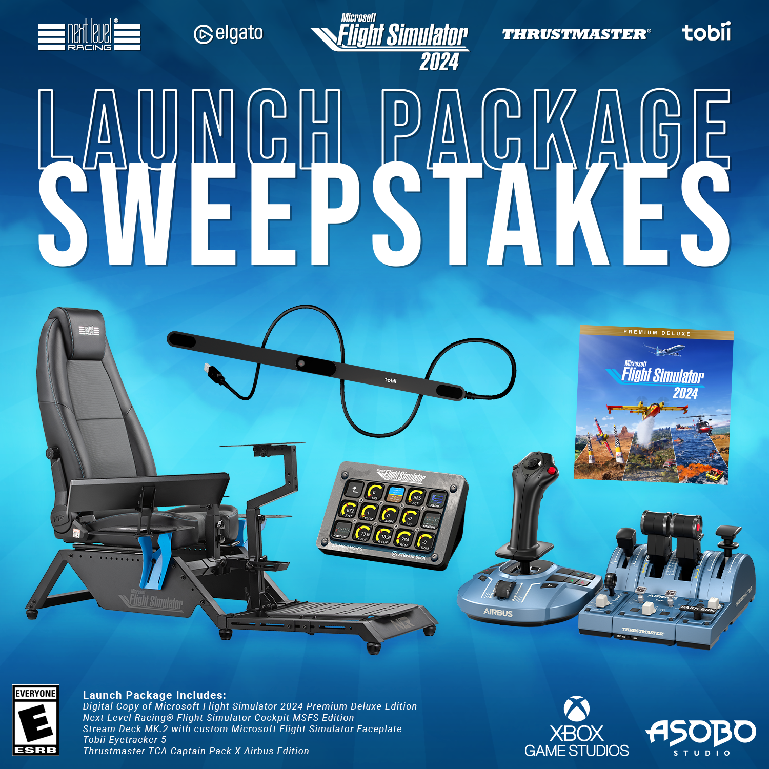 Microsoft Flight Simulator Launch Package Sweepstakes. Launch Package Includes: Digital Copy of Microsoft Flight Simulator 2024 Premium Deluxe Edition Next Level Racing® Flight Simulator Cockpit MSFS Edition Stream Deck MK.2 with custom Microsoft Flight Simulator Faceplate Tobii Eyetracker 5 Thrustmaster TCA Captain Pack X Airbus Edition