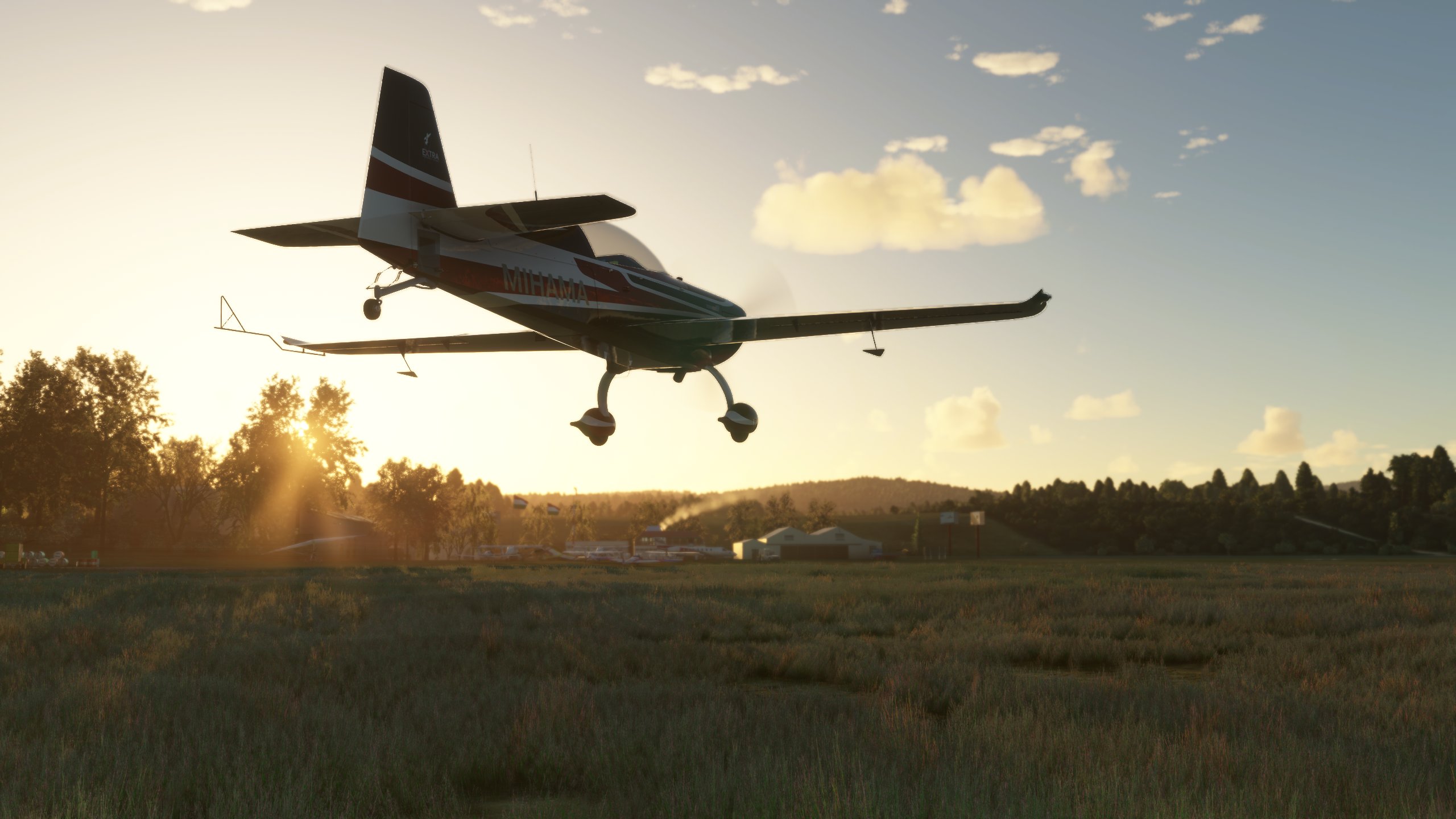 An Extra 330LT moments before touchdown on a grassy field