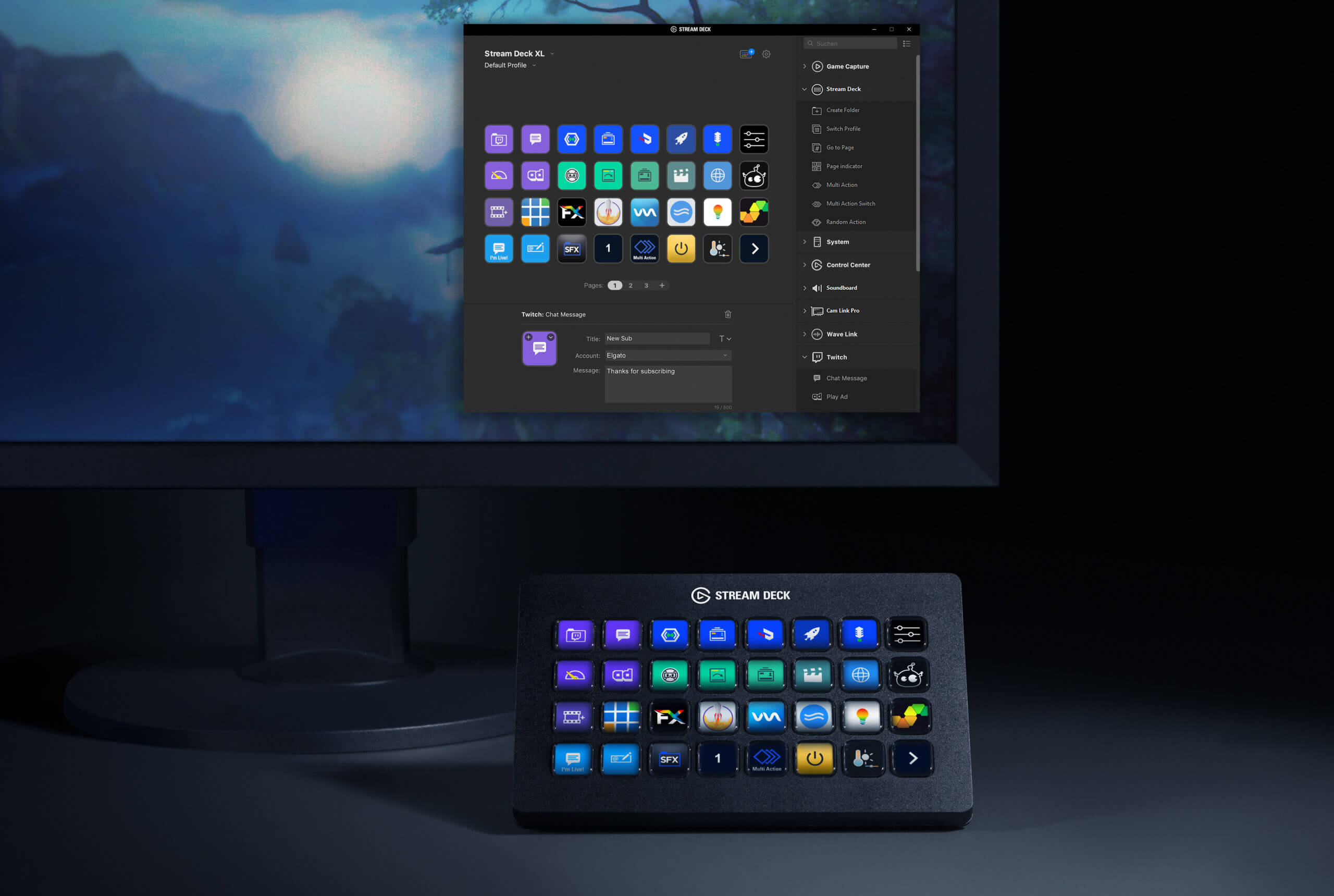 A 32 key Stream Deck XL with the Stream Deck software pictured in the background