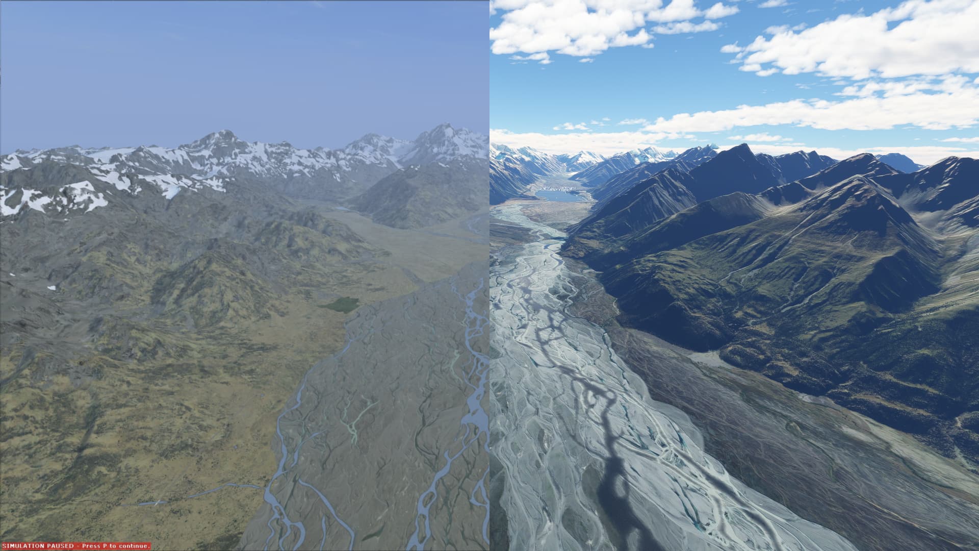 A comparison image between a mountain range in FSX and MSFS 2024