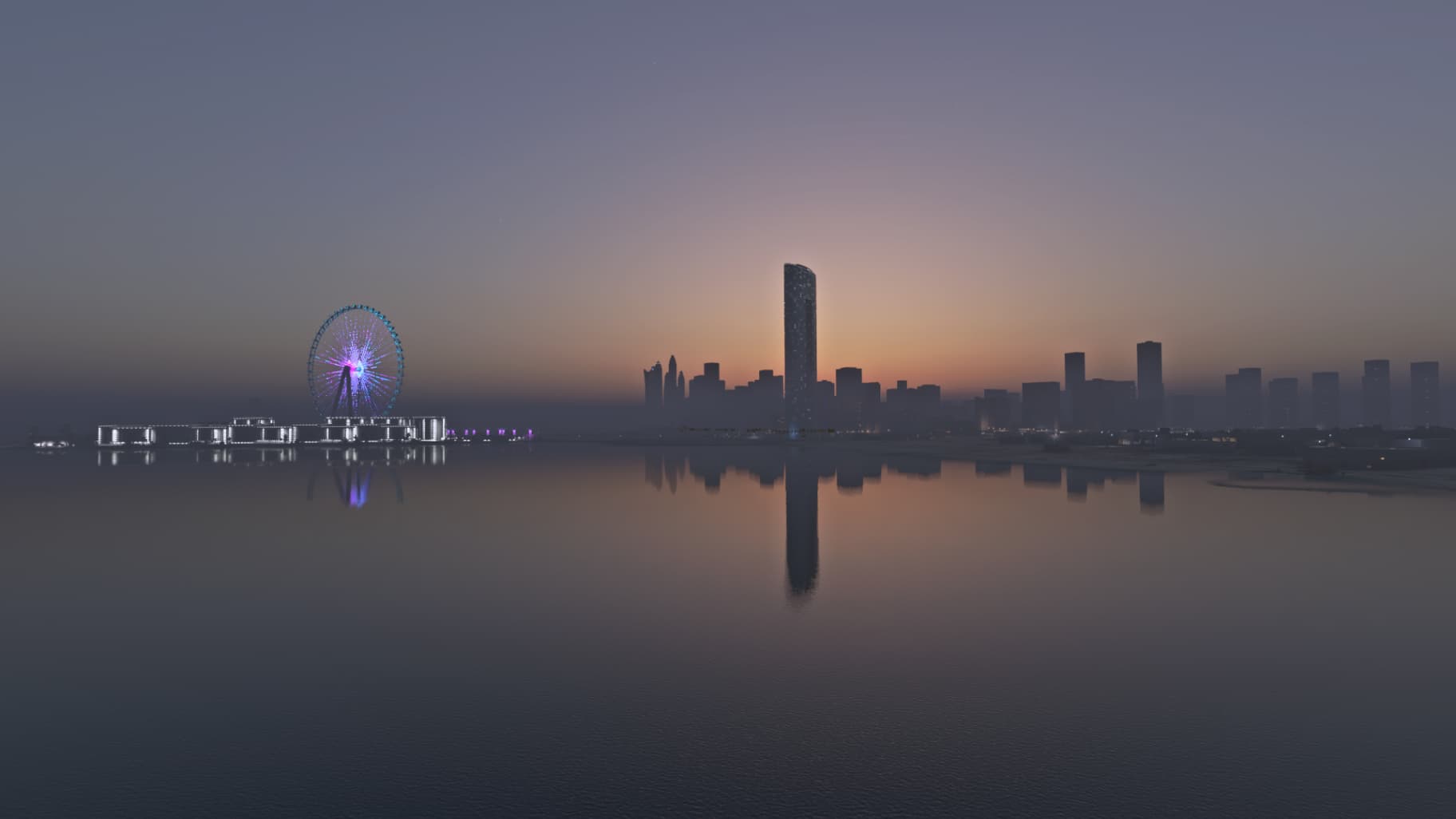 A cityscape at dawn with a large Ferris wheel lit up