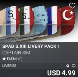 SPAD S.XIII Livery Pack 1 by Captain Sim. USD 4.99