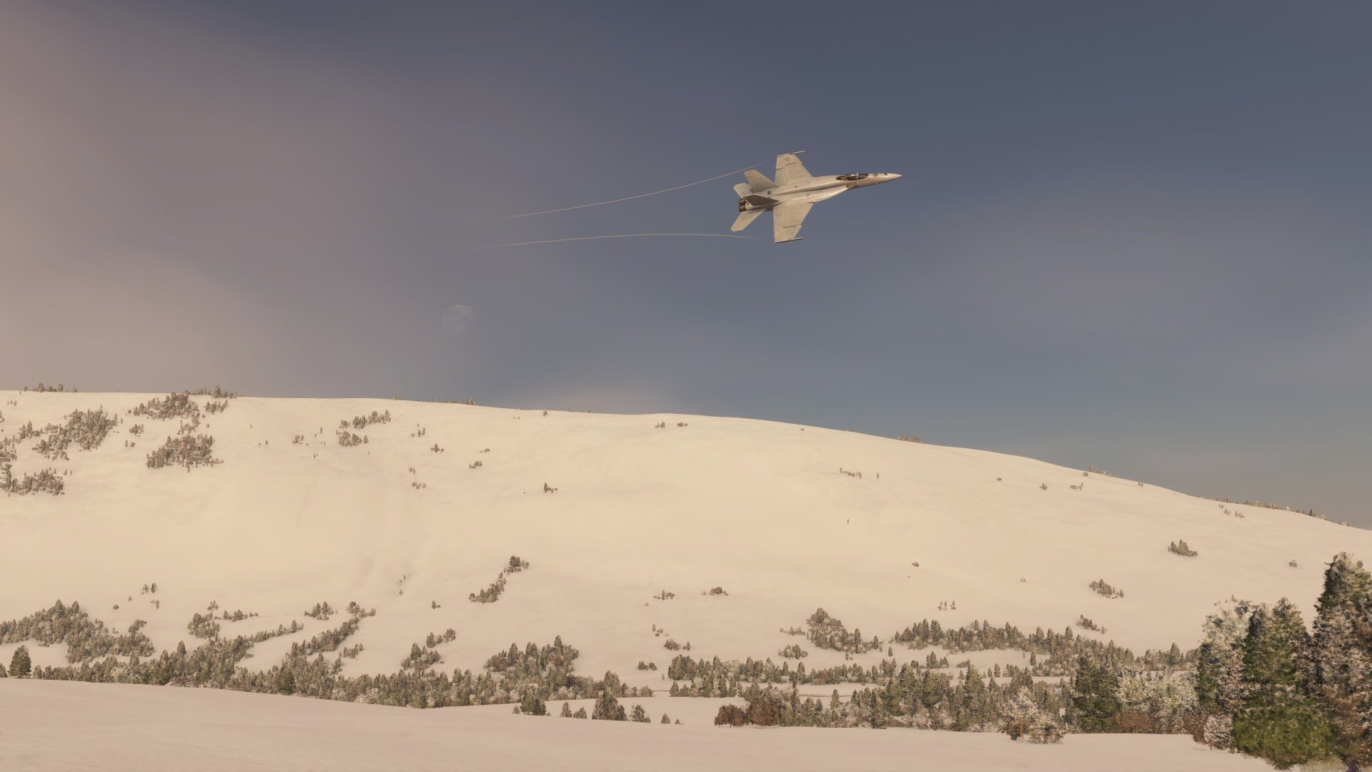 An F/A-18 Hornet banks right whilst flying over a snow covered hill