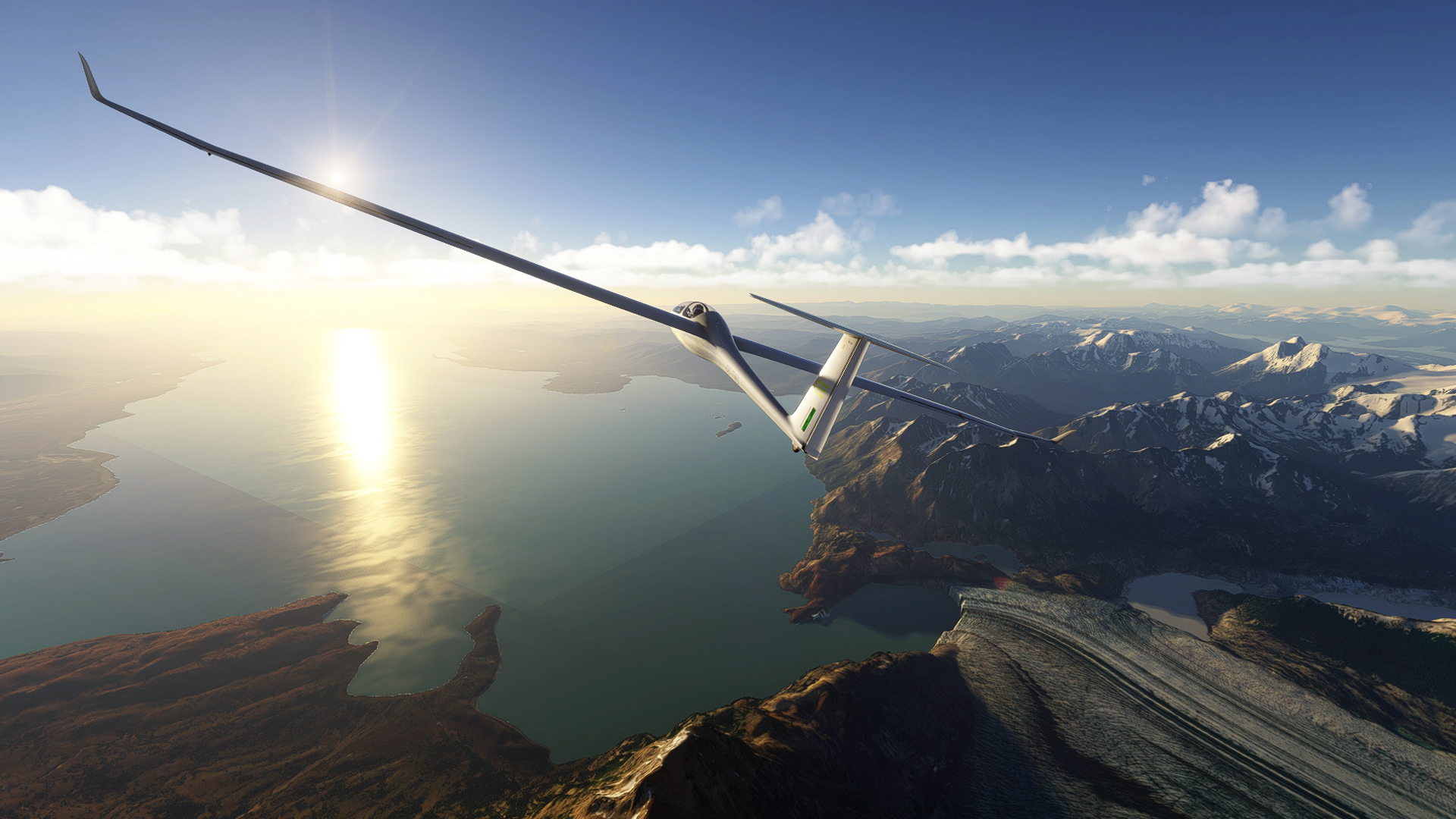 A Glider banks right at high altitude whilst flying towards the sun