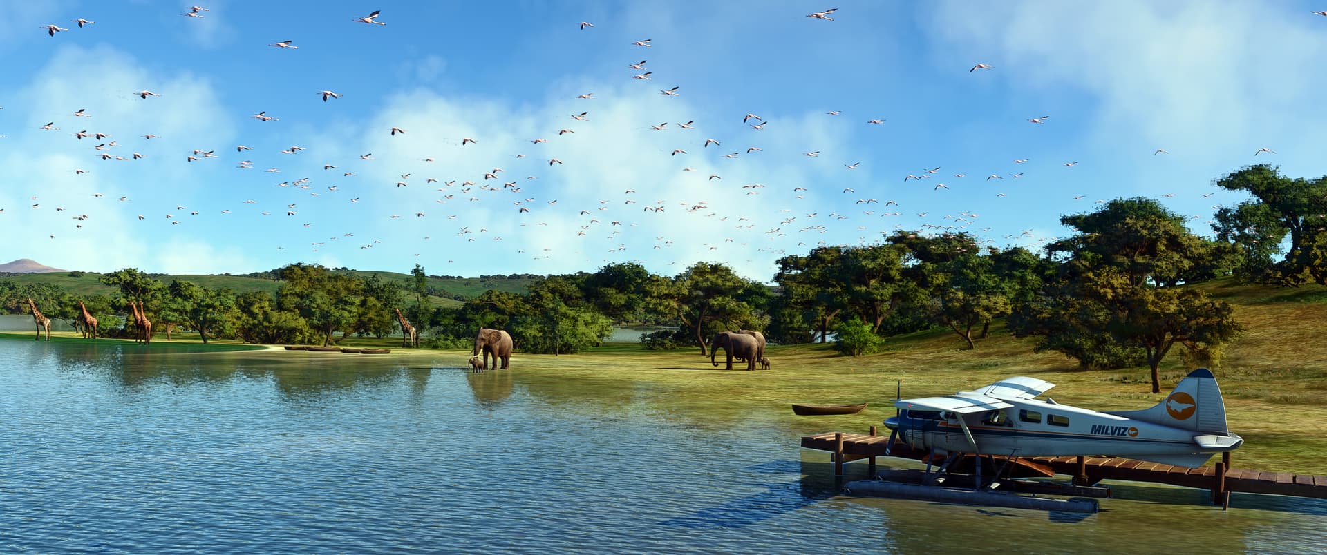 An aircraft parked on the water with Flamingos, Giraffes and Elephants in view