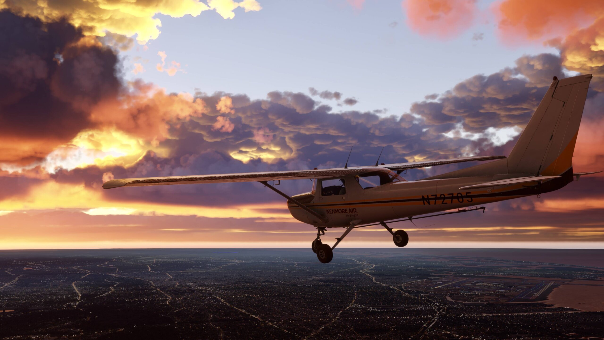 A Cessna 152 flying over a busy city during sunset