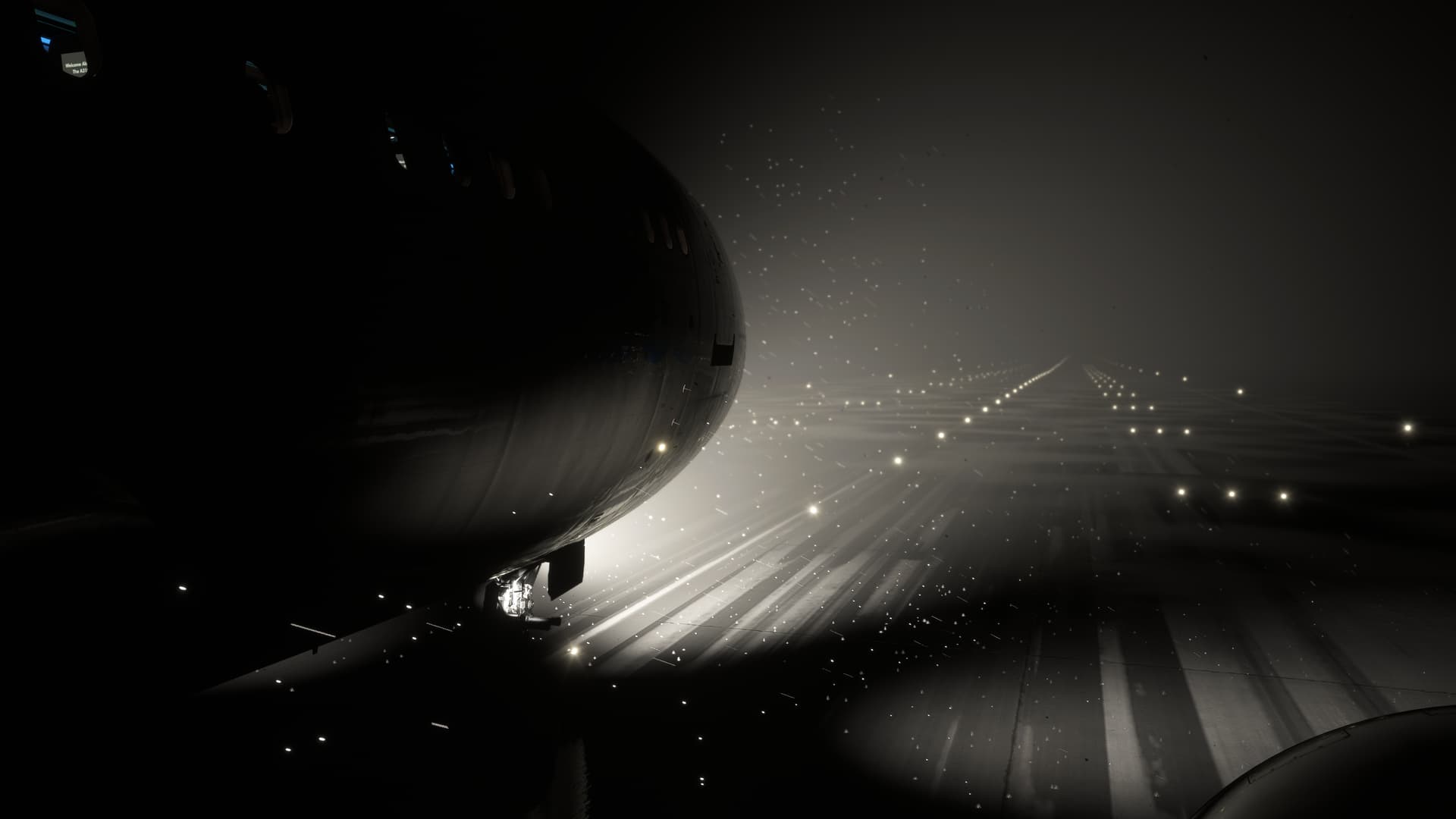 An airliner lines up for takeoff with snow in view through the landing lights