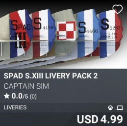 SPAD S.XIII Livery Pack 2 by Captain Sim. USD 4.99