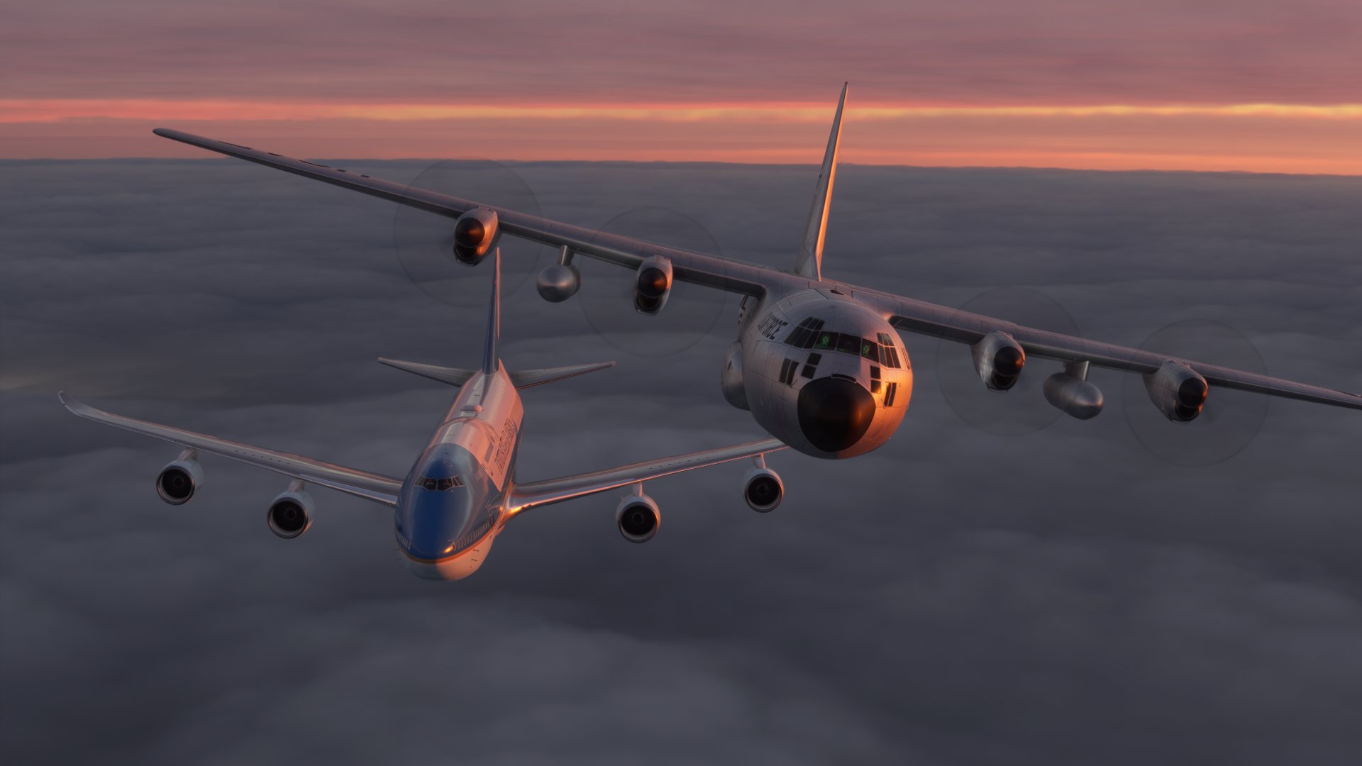 A C-130 Hercules military aircraft banks left whilst flying ahead of the Air Force One Boeing 747