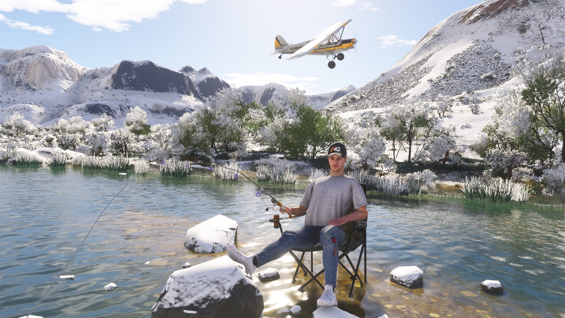 A high wing propeller aircraft banks right above a fisherman sitting by a lake